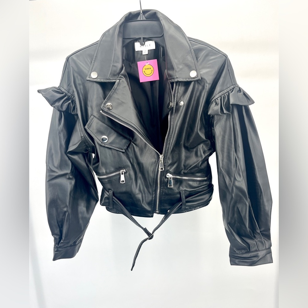 Women’s Chic Black Leather Jacket with Ruffle Sleeves Pockets Snap Buttons - Picture 2 of 9